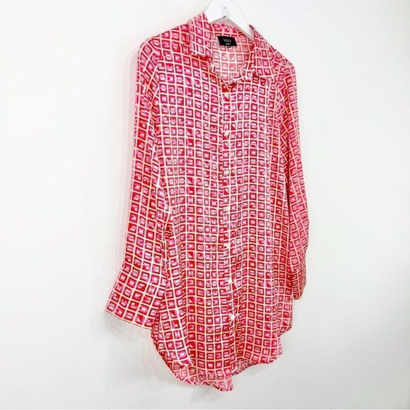 VICI Brenleigh Pink Red Geometric Print Poly Satin Button Down Tunic Mini Dress - Picture 7 of 16